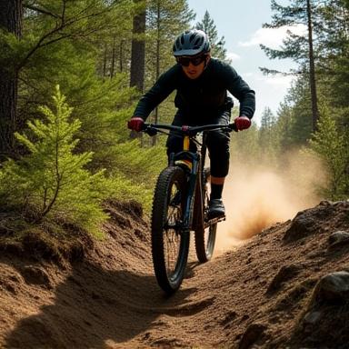 A full-suspension mountain bike rolling over a root on a challenging trail.