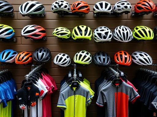 A wall display of cycling helmets, jerseys, and accessories.
